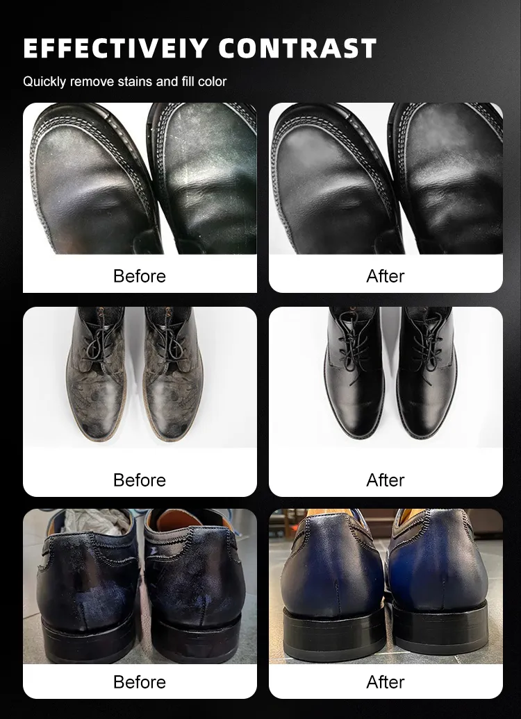 Before and after comparison showing how Cream Shoe Polish BQ300 restores shine, revives faded leather, and improves the overall appearance of leather shoes.