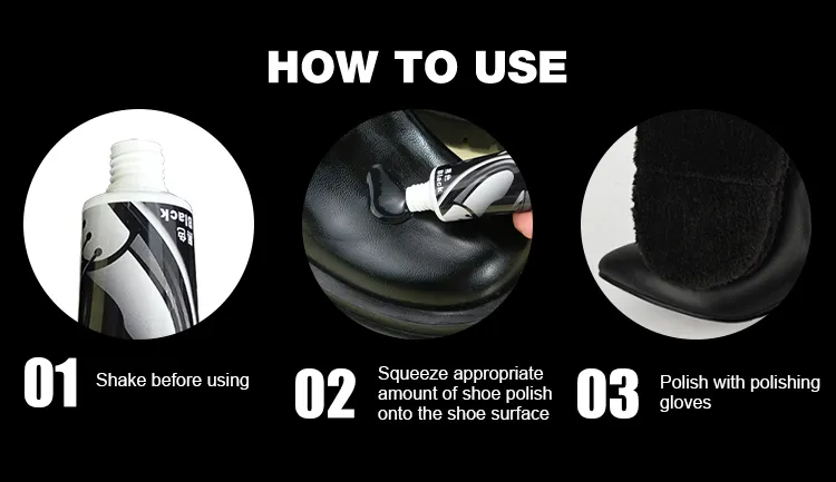 Step-by-step guide for applying BIKI Cream Shoe Polish BQ300 by shaking the tube, applying a small amount to leather with a brush or soft cloth, and buffing to a lasting shine.