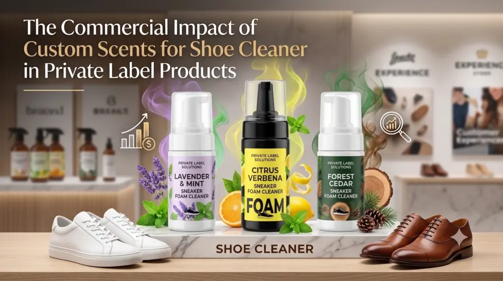 Banner titled "The Commercial Impact of Custom Scents for Shoe Cleaner in Private Label Products" featuring three foam cleaners in Lavender & Mint, Citrus Verbena, and Forest Cedar scents alongside natural ingredients and footwear.