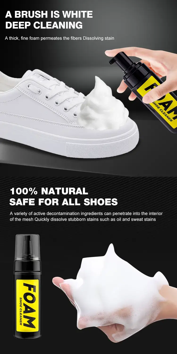 Biki BK7715 shoe cleaner with dense white active foam that protects hands and shoes.
