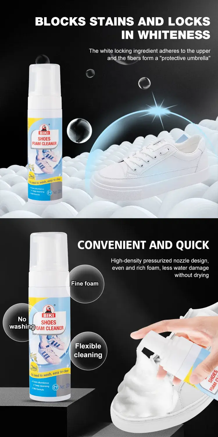Waterless dry cleaning action of BIKI BK7733 shoes foam cleaner provides a fast stain-resistant barrier.
