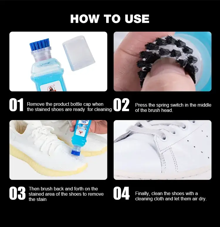 Demonstrating how to activate the spring-valve brush head, scrub, and wipe footwear using BIKI BK7760 shampoo.