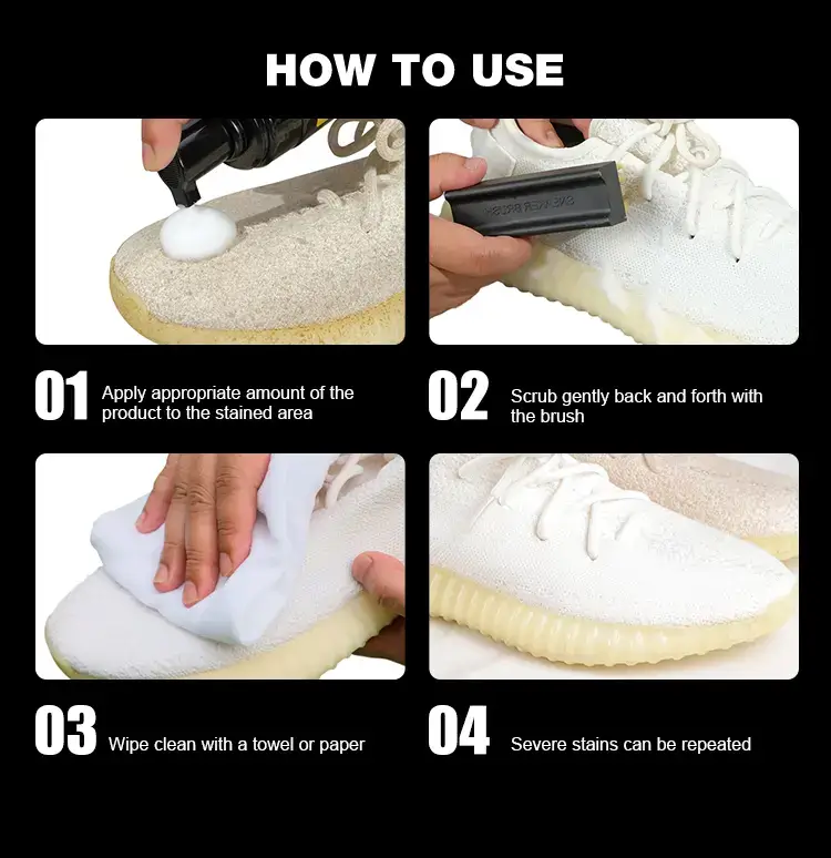 4-step instruction guide on how to use Biki BK7715 foam shoe cleaner to clean sneakers.