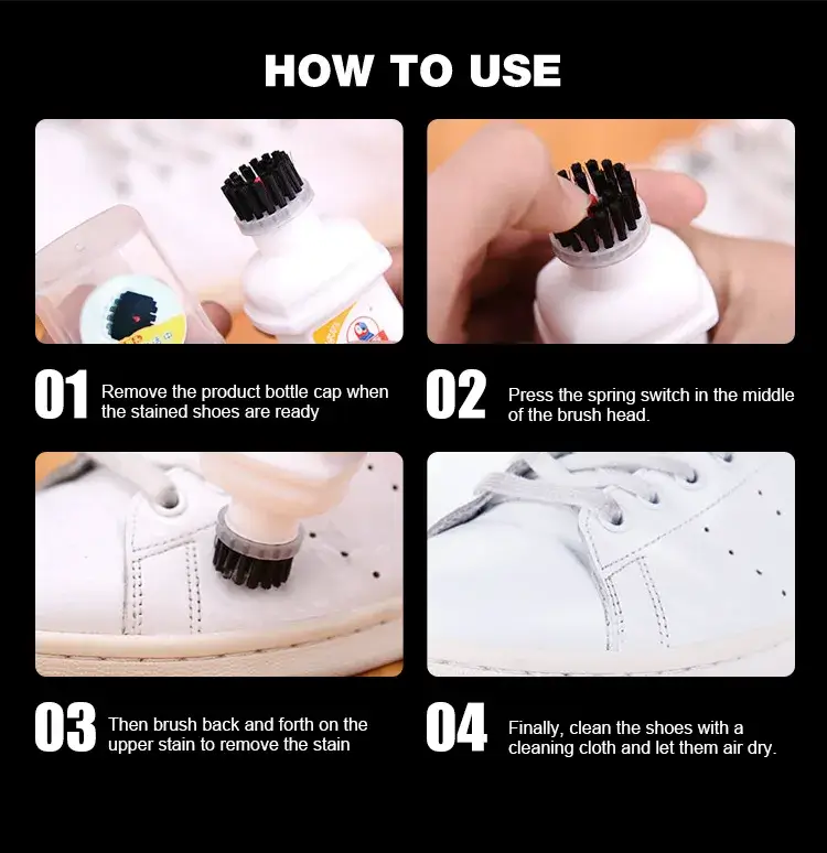 4-step instruction guide on how to clean shoes using Biki BK7730 cleaner with spring switch brush and towel.