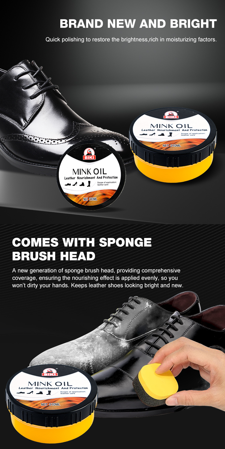 Infographic showing the 210ml mink oil leather conditioner restoring a black shoe, highlighting the included two-tone sponge applicator.