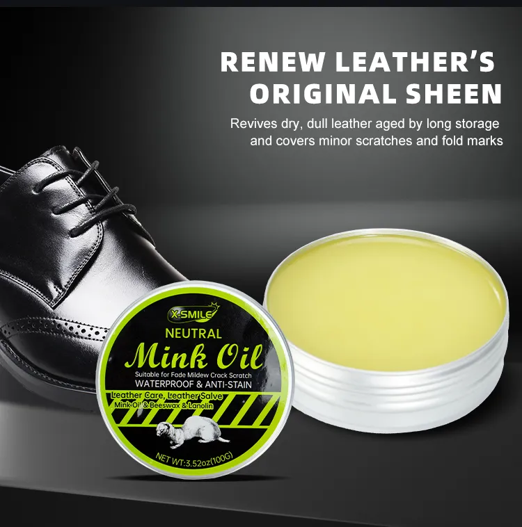 Marketing graphic demonstrating how the OEM mink oil revives dry leather and restores the original sheen on a black dress shoe.