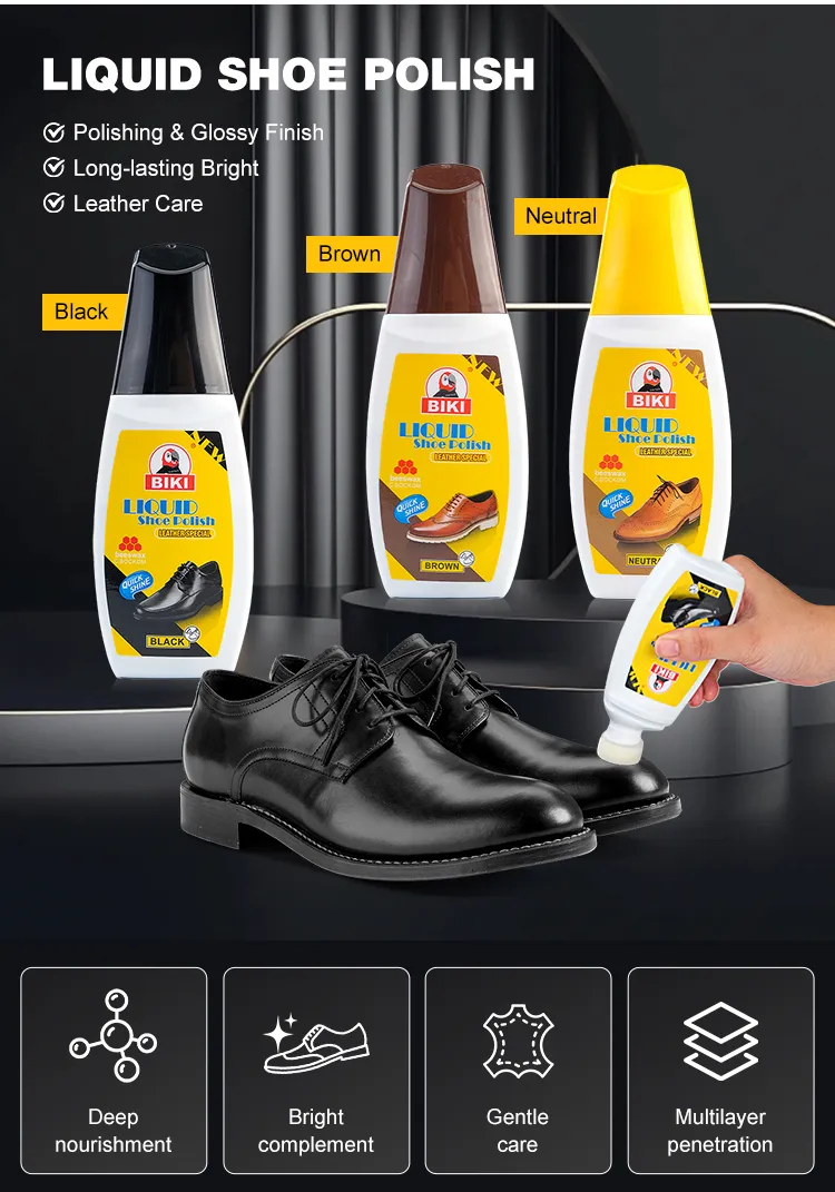 Liquid Shoe Polish BK8822 restores the shine of smooth leather shoes, enhances color, nourishes the leather, and leaves a long-lasting glossy finish.