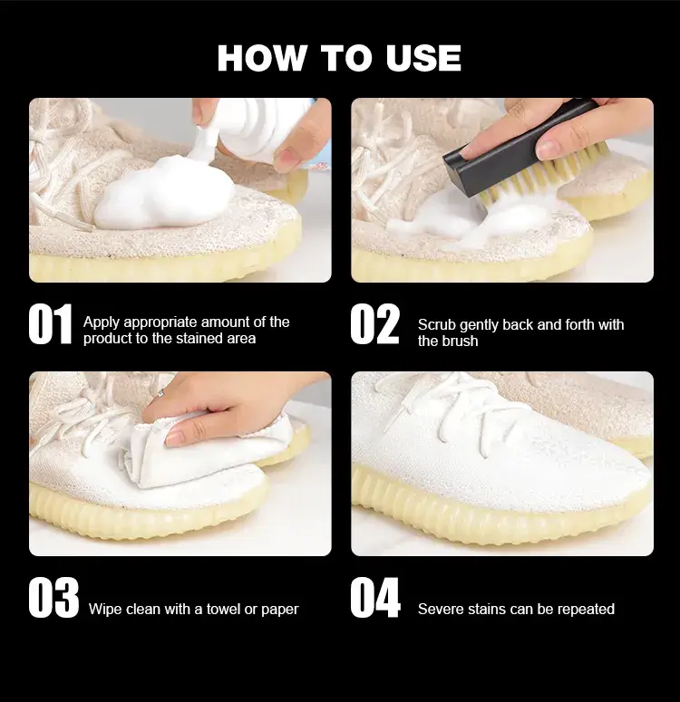 Easy 4-step tutorial on applying foam, brushing, and wiping down footwear with BIKI BK7733 cleaner.