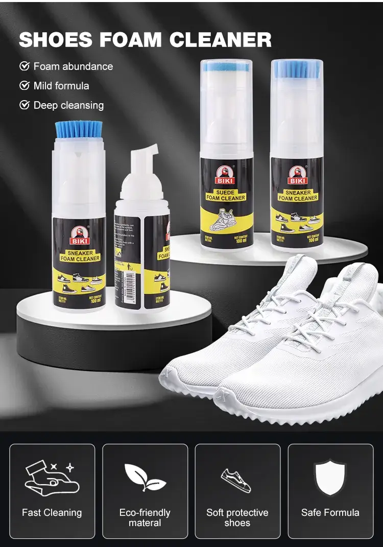 Biki BK7722 foam shoe cleaner with a natural, safe, and eco-friendly mild formula for deep cleaning and shoe protection.