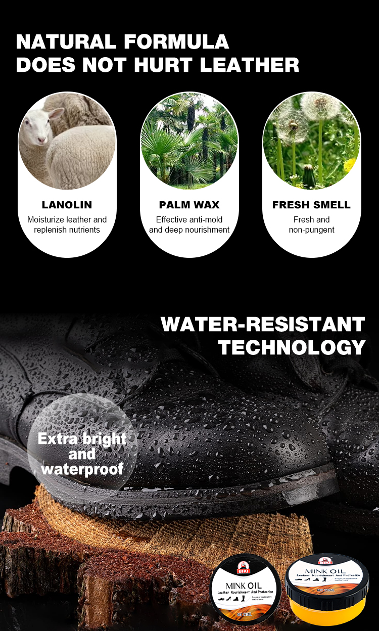 Feature poster detailing natural ingredients like lanolin and palm wax, and demonstrating the water-resistant technology on a leather boot.