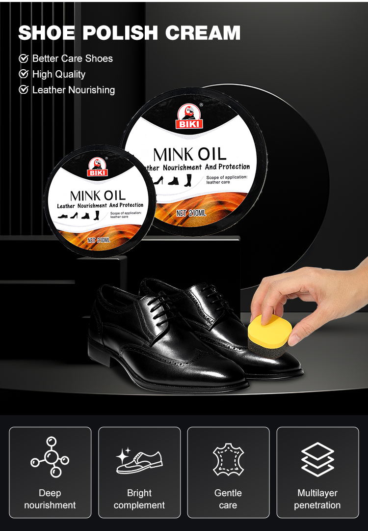 Marketing poster highlighting the deep nourishment, gentle care, and multilayer penetration features of BIKI mink oil shoe polish cream.