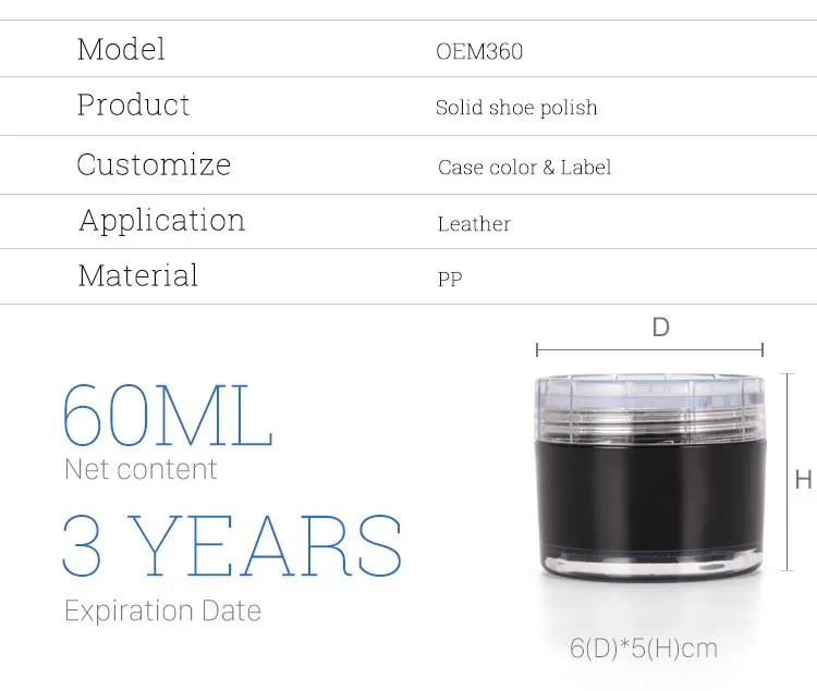 Product specifications table for OEM360 solid shoe polish, showing 60ml net content, a 3-year expiration date, and jar dimensions of 6cm diameter by 5cm height.