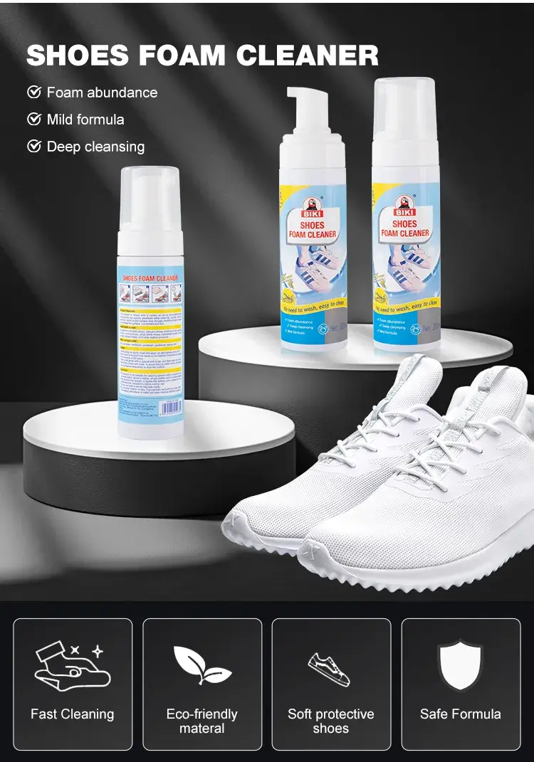 BIKI BK7733 shoes foam cleaner utilizing a gentle, eco-safe botanical formula for rapid deep grime removal.