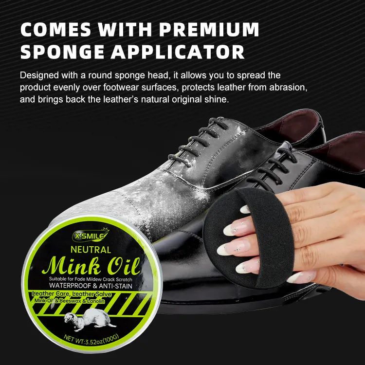 B2B marketing poster showing a hand using the included premium sponge applicator to spread mink oil evenly over a leather shoe.