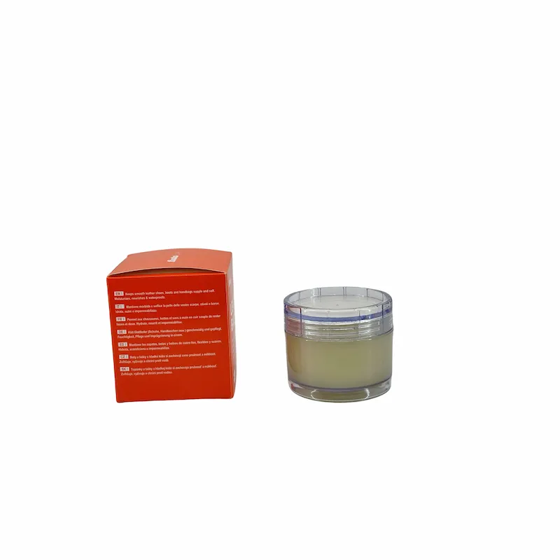 60ml wholesale leather balm in a clear jar next to an orange custom retail box showing multi-language specifications.