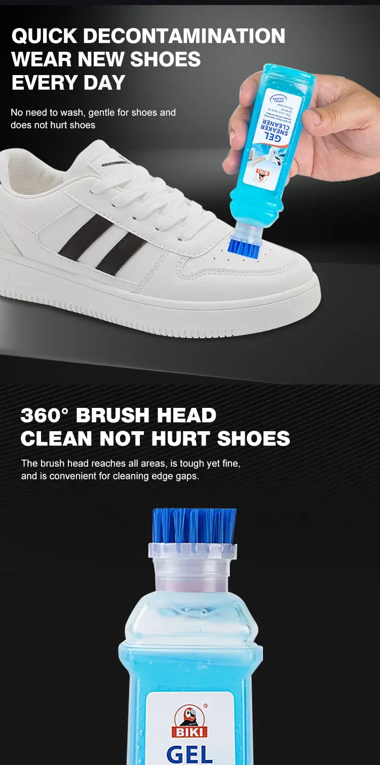 Rinse-free convenience using BIKI BK7760 sneaker shampoo for a 360-degree safe clean without requiring water.