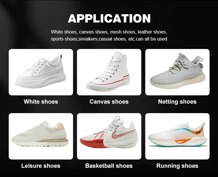 Biki BK7730 sneaker cleaning guide and application range for white shoes, canvas shoes, mesh shoes, and sneaker shoes.