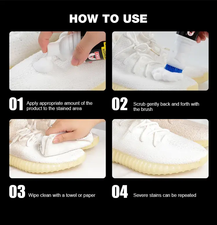 4-step instruction guide on how to clean sneakers with Biki BK7722 foam shoe cleaner.