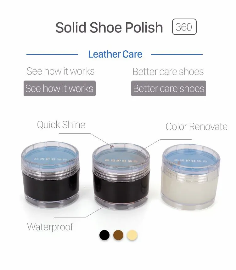 Three 60ml jars of OEM360 solid shoe polish in black, brown, and neutral colors, highlighting quick shine, color renovate, and waterproof features for leather care.