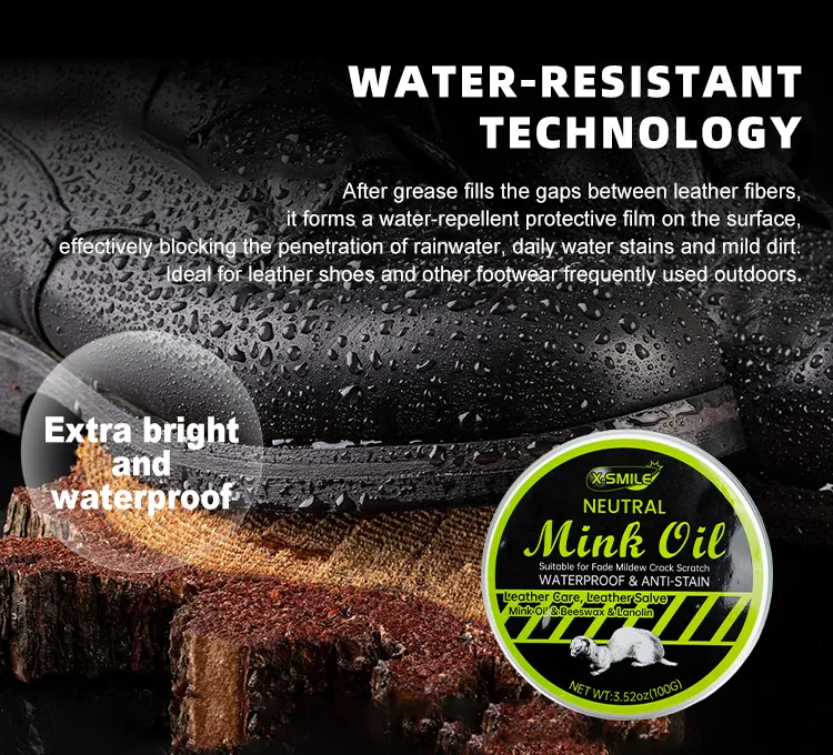 Visual demonstration of the water-resistant protective film created by the wholesale mink oil on an outdoor leather boot.