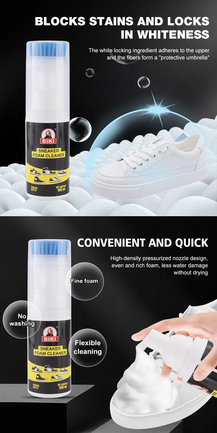 Waterless deep cleaning with Biki BK7722 foam shoe cleaner for fast, convenient stain removal and shoe whitening.