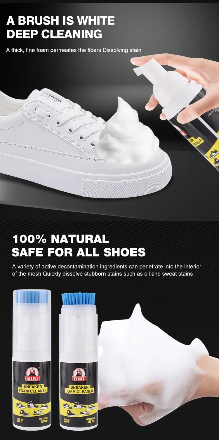 Biki BK7722 shoe cleaner produces dense white active cleaning foam that gently protects hands and shoes.