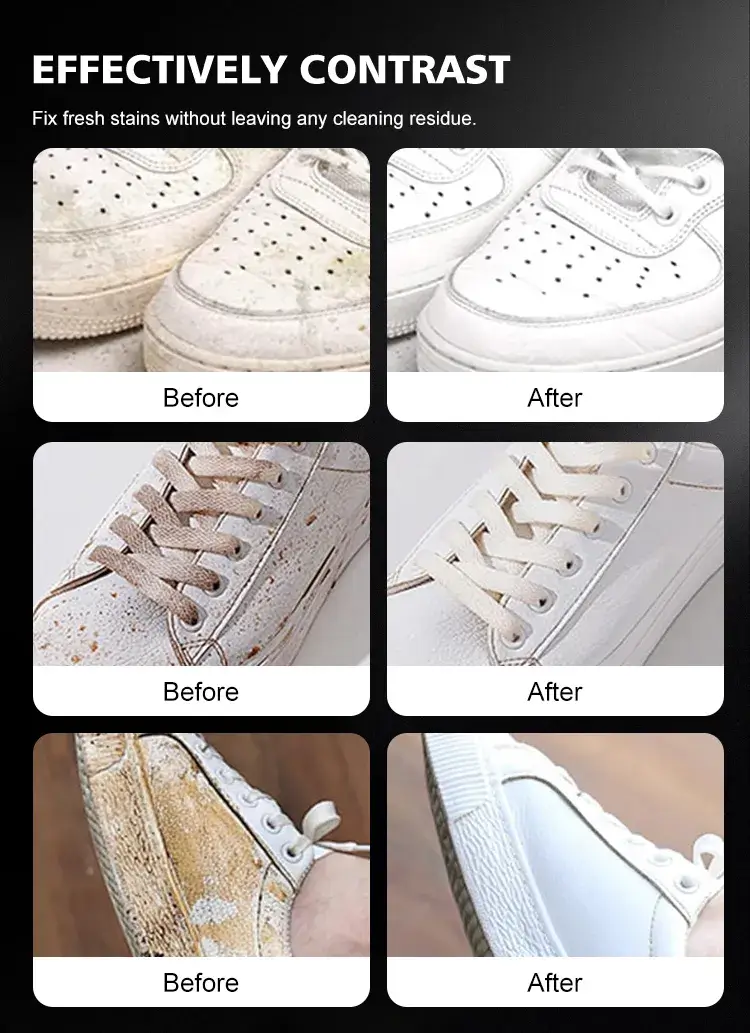Before and after cleaning comparison on white shoes showing stain removal effects using Biki BK7722 foam cleaner.
